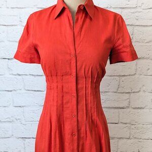 THEORY Size 2 Linen Pleated Orange Shirt Dress